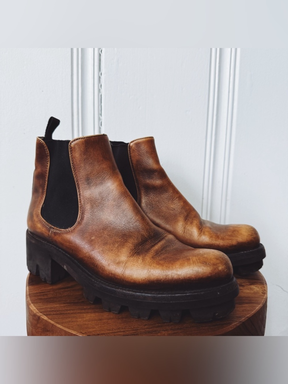 Prada Monolith Brown Leather Chunky Platform Chelsea Boots size 37